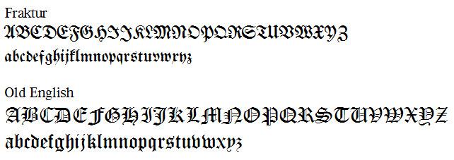 Majuscules et minuscules de A à Z en Fraktur et en Old English