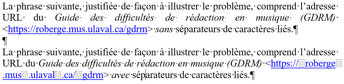 Séparateurs de caractères liés (avec marques)